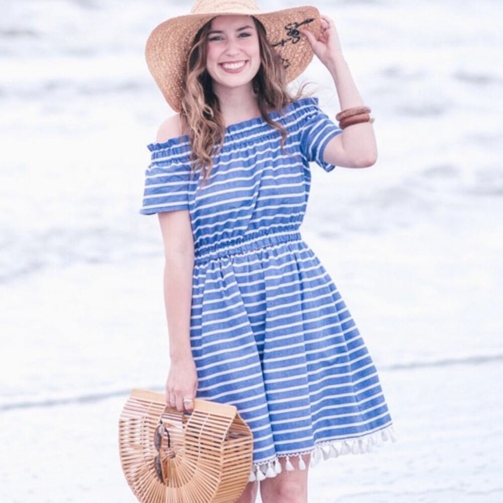 Eliza J Blue and White Striped‎ Off Shoulder Dress.